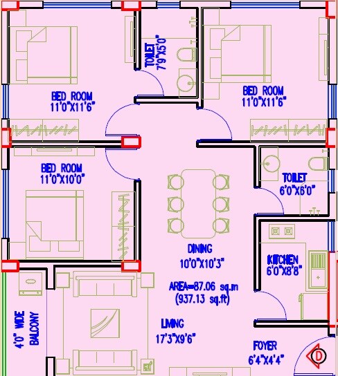 Floor plan of 3 BHK Apartment - 799 sq. ft. in Gurukul Grande, Kolkata