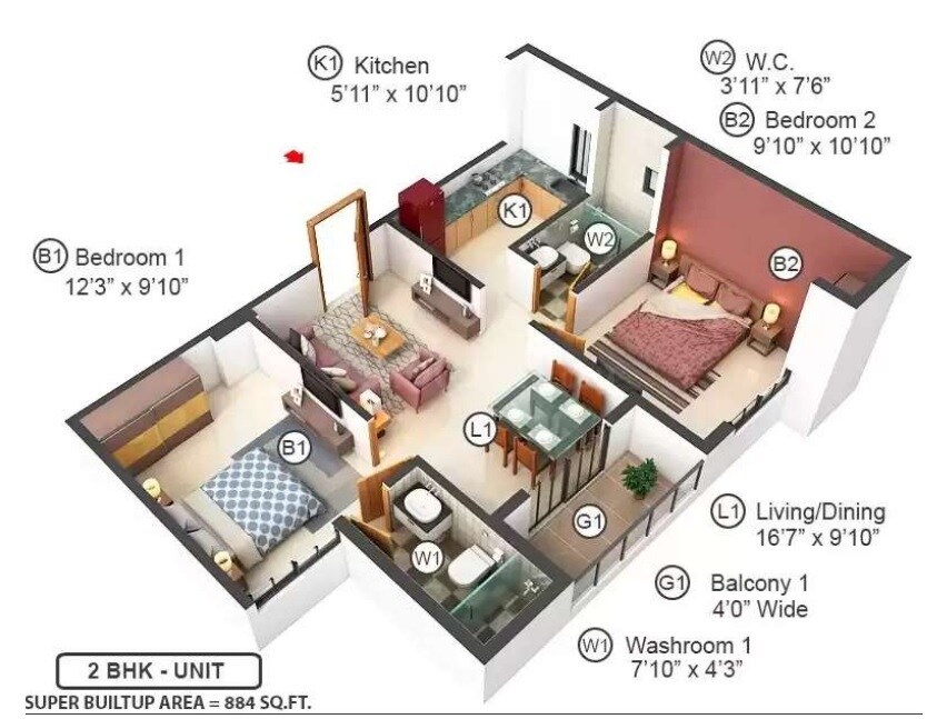 2 BHK 884 Sq. Ft. Apartment