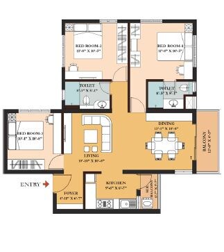 Floor plan of 3 BHK 1675 Sq. Ft. Apartment in Hiland Calcutta Riverside, Kolkata