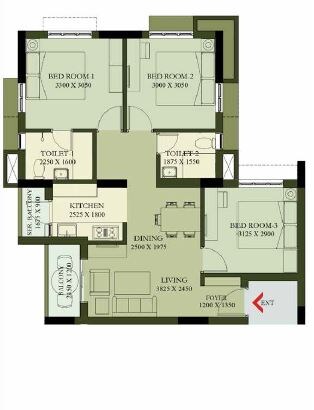 Floor plan of 3 BHK 1993 Sq. Ft. Apartment in Hiland Calcutta Riverside, Kolkata