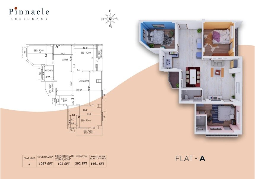 Floor plan of 2 BHK Apartment - 1461 sq. ft. in Hive Pinnacle Residency, Kolkata