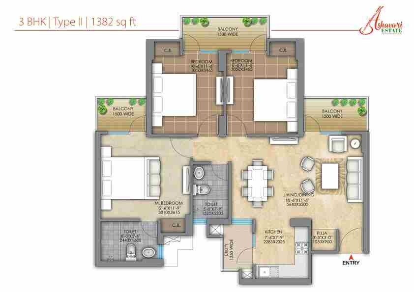 Floor plan of 3 BHK 1382 Sq. Ft. Apartment in IABA Ashavari Estate, Kolkata