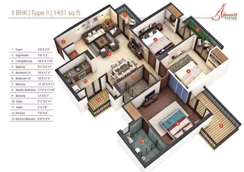 Floor plan of 3 BHK 1431 Sq. Ft. Apartment in IABA Ashavari Estate, Kolkata