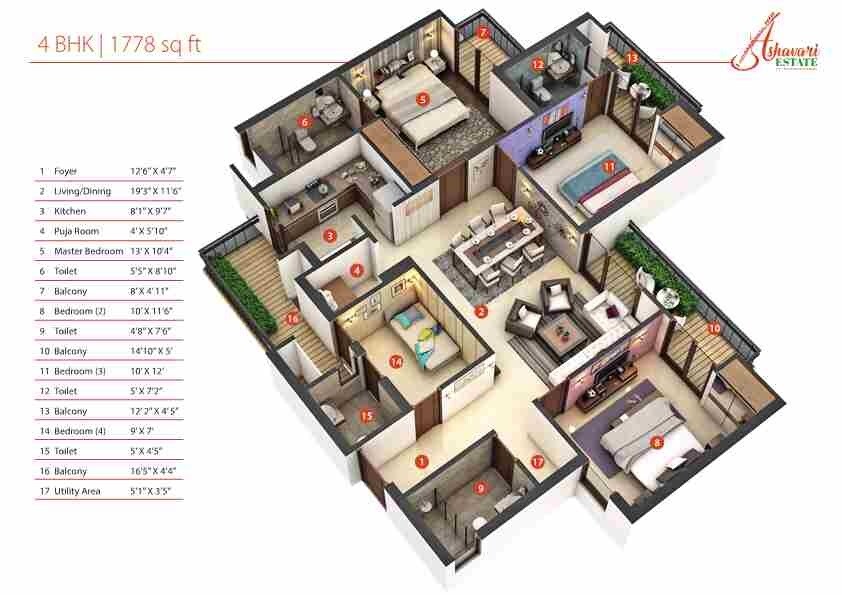 Floor plan of 4 BHK 1778 Sq. Ft. Apartment in IABA Ashavari Estate, Kolkata