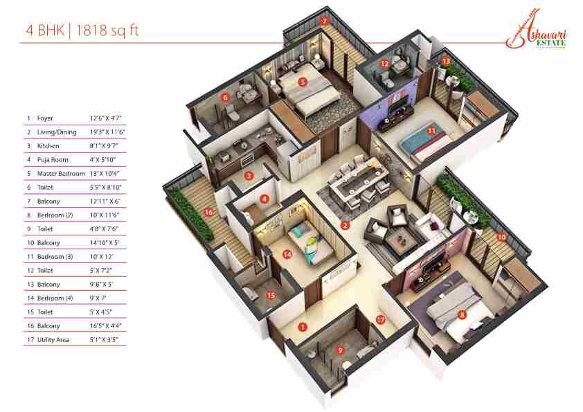 Floor plan of 4 BHK 1818 Sq. Ft. Apartment in IABA Ashavari Estate, Kolkata