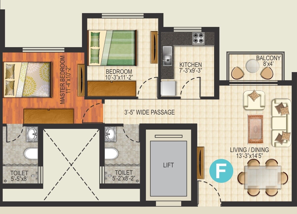 Floor plan of 2 BHK 1080 Sq. Ft. Apartment in Ideal Aquaview, Kolkata