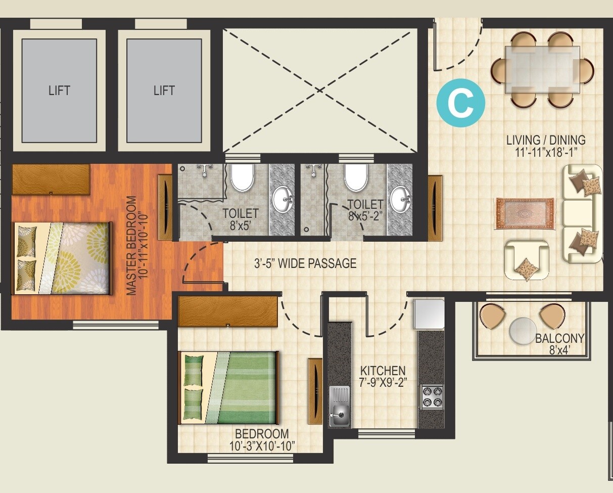 Floor plan of 2 BHK 1085 Sq. Ft. Apartment in Ideal Aquaview, Kolkata