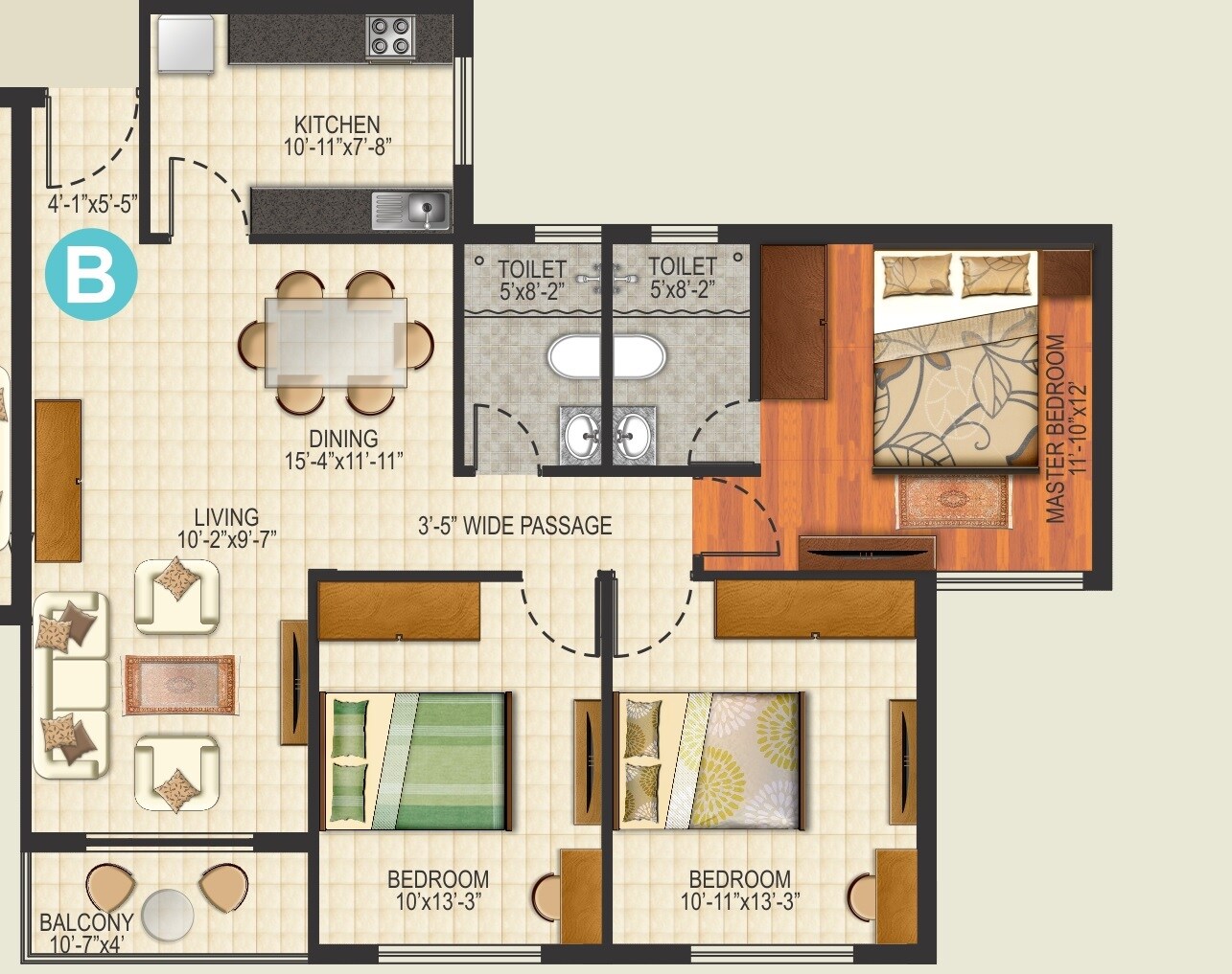 Floor plan of 3 BHK 1475 Sq. Ft. Apartment in Ideal Aquaview, Kolkata