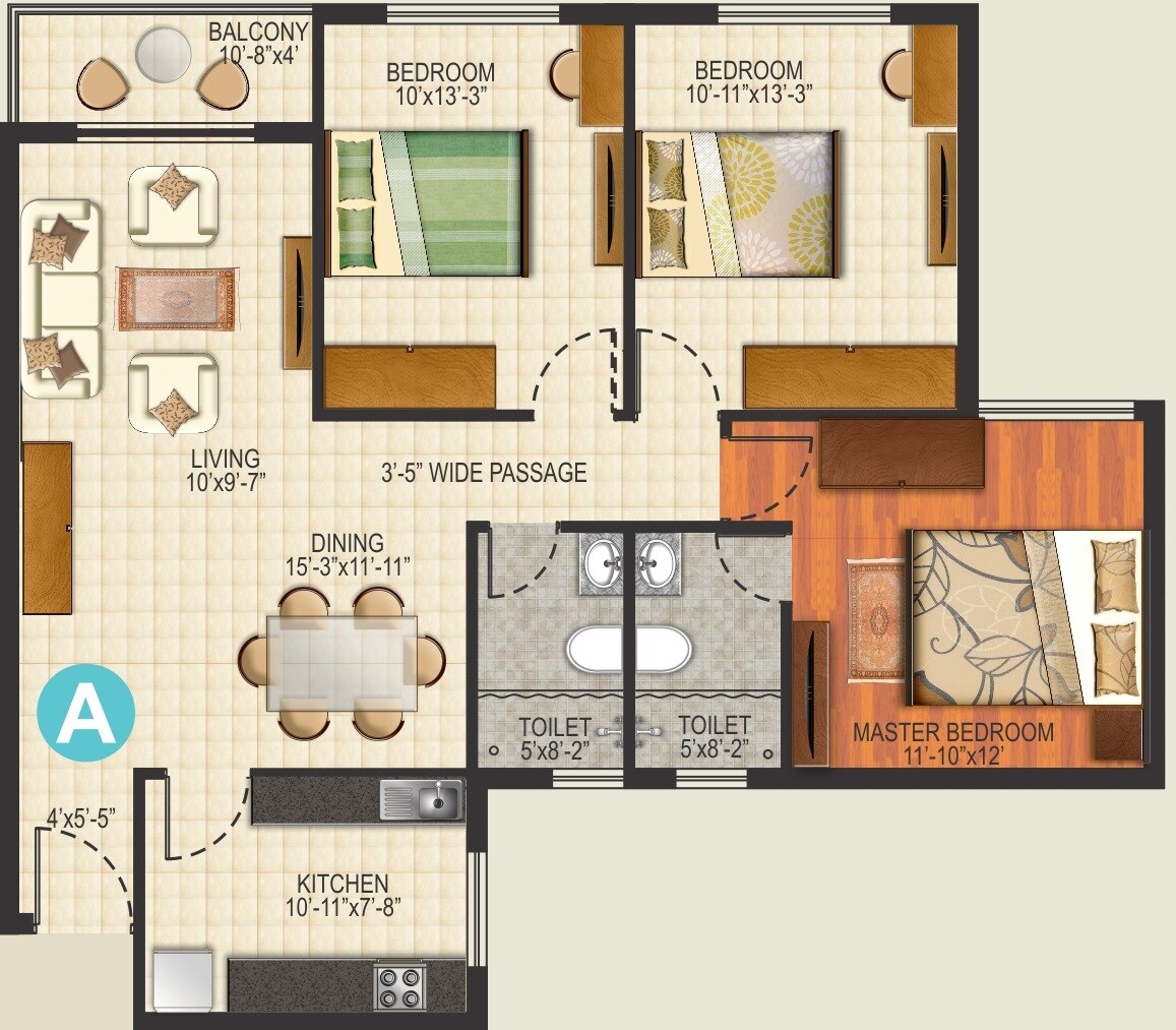 Floor plan of 3 BHK 1485 Sq. Ft. Apartment in Ideal Aquaview, Kolkata