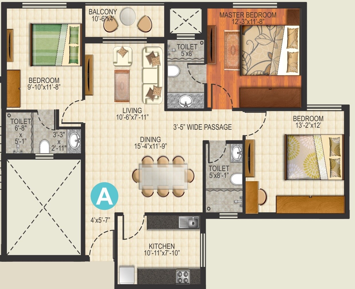 Floor plan of 3 BHK 1510 Sq. Ft. Apartment in Ideal Aquaview, Kolkata