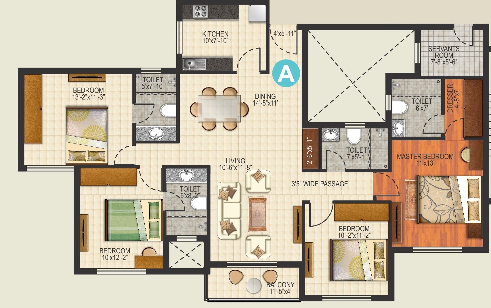 Floor plan of 4 BHK 1950 Sq. Ft. Apartment in Ideal Aquaview, Kolkata