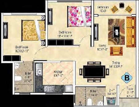 Floor plan of 2 BHK 935 Sq. Ft. Apartment in Ideal Aurum, Kolkata