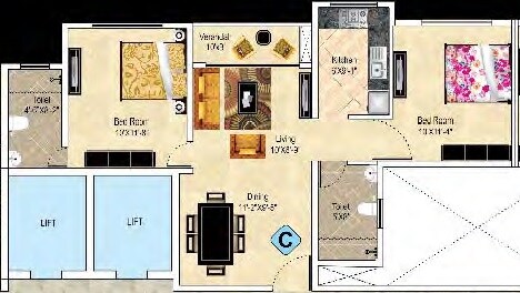 Floor plan of 2 BHK 975 Sq. Ft. Apartment in Ideal Aurum, Kolkata