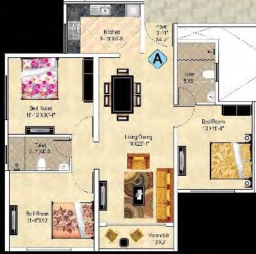 Floor plan of 3 BHK 1175 Sq. Ft. Apartment in Ideal Aurum, Kolkata