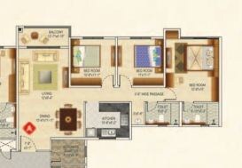 Floor plan of 3 BHK 1710 Sq. Ft. Apartment in Ideal Greens Kolkata, Kolkata