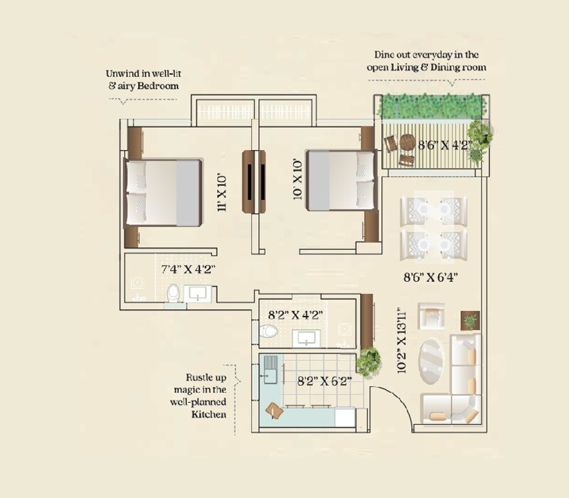Floor plan of 2 BHK 709 Sq. Ft. Apartment in Isha Aagman, Kolkata