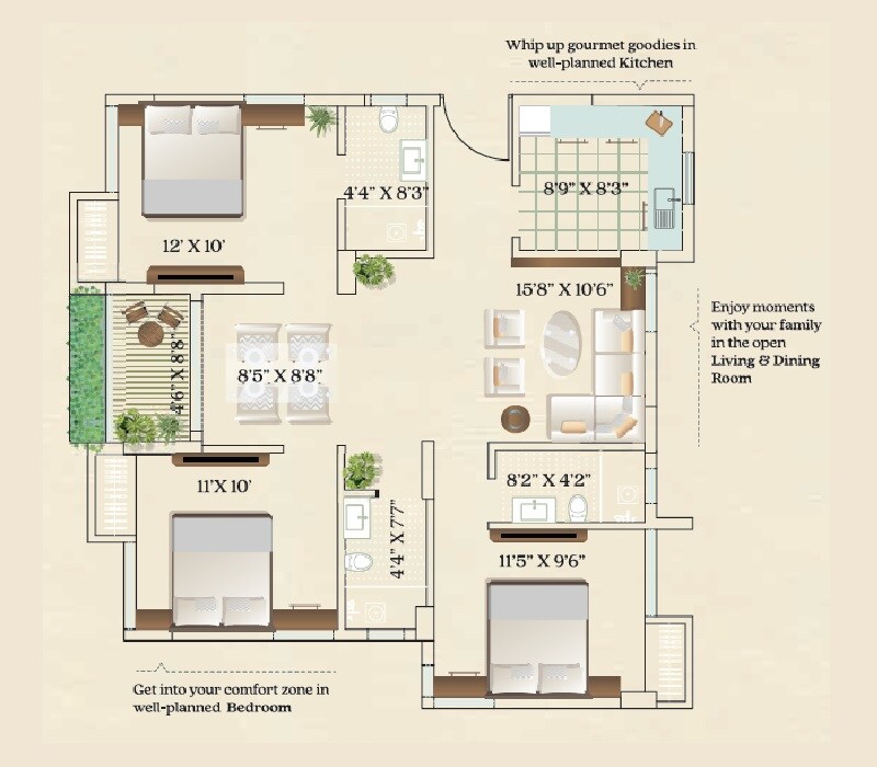 Floor plan of 3 BHK 1032 Sq. Ft. Apartment in Isha Aagman, Kolkata