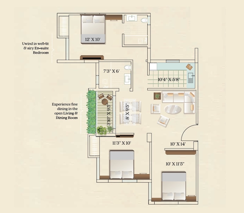 Floor plan of 3 BHK 918 Sq. Ft. Apartment in Isha Aagman, Kolkata