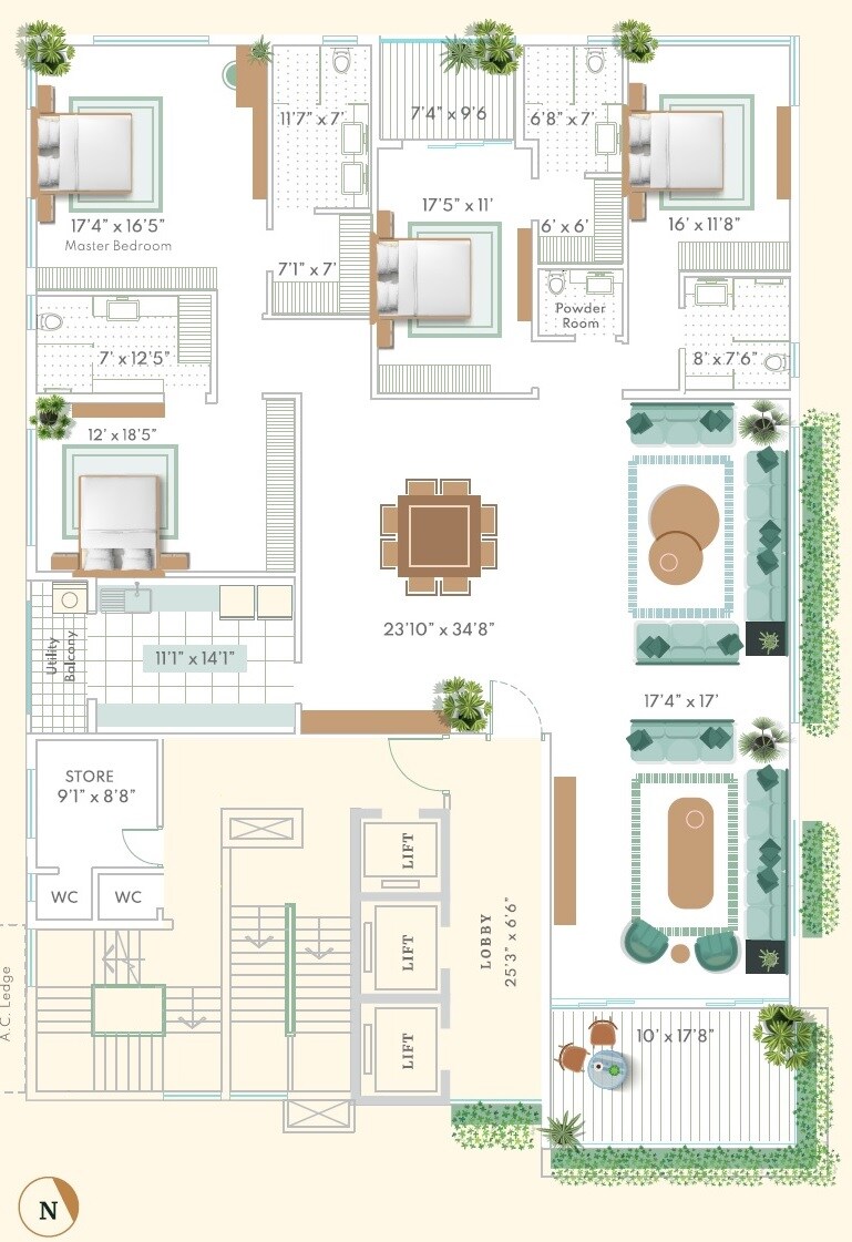 Floor plan of 4 BHK 3451 Sq. Ft. Apartment in Isha The Park View, Kolkata
