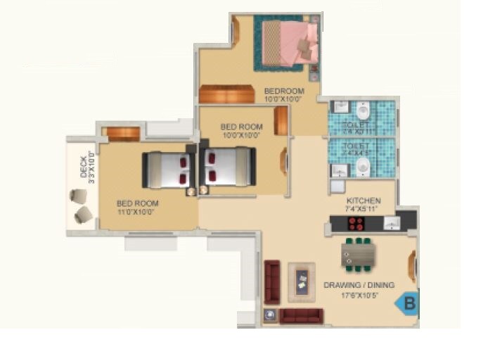 Floor plan of 3 BHK 1166 Sq. Ft. Apartment in Jai Vinayak Pride, Kolkata