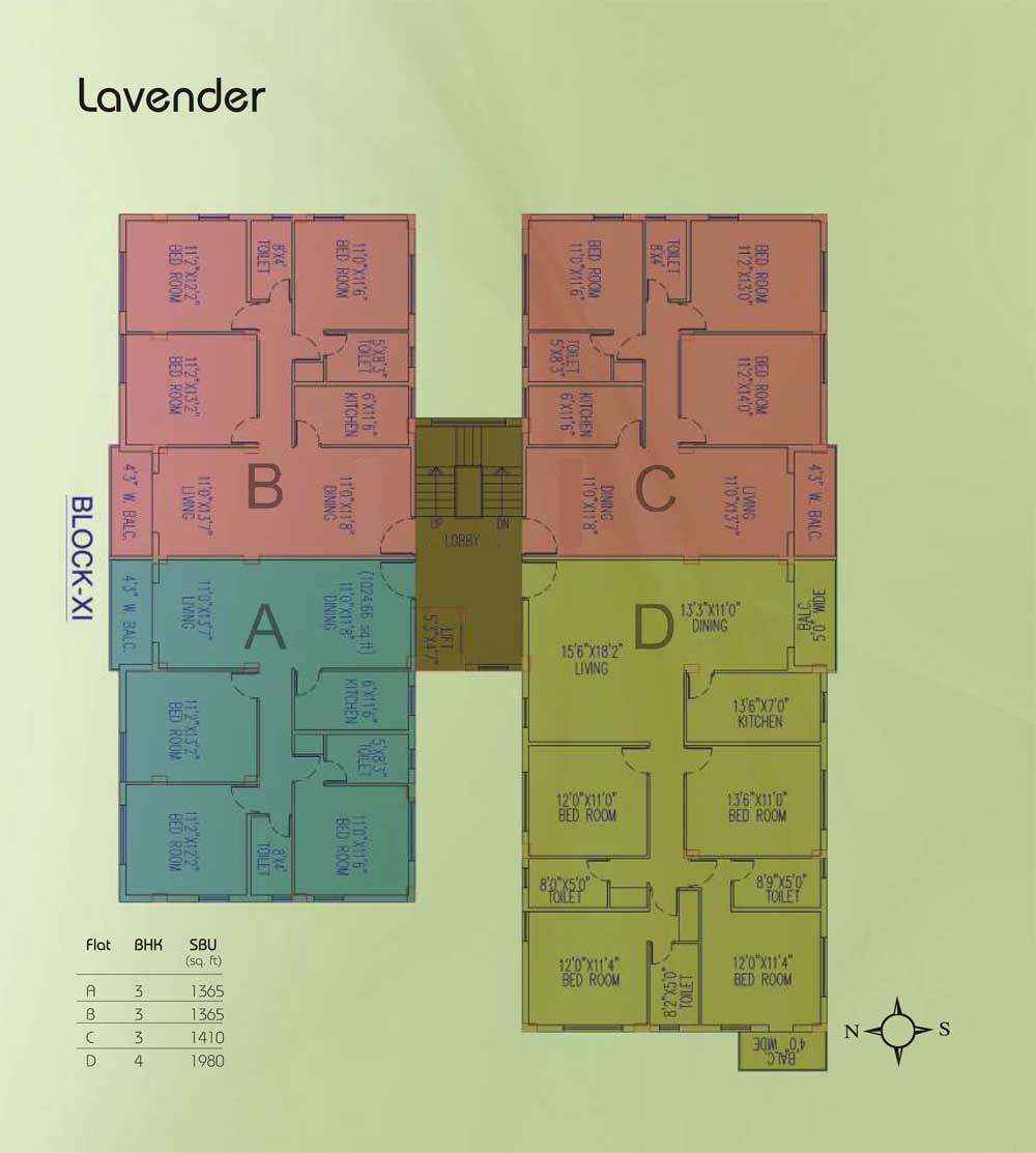 Floor plan of 3 BHK 1410 Sq. Ft. Apartment in Jain Dream Residency Manor, Kolkata