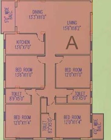 Floor plan of 4 BHK 1980 Sq. Ft. Apartment in Jain Dream Residency Manor, Kolkata
