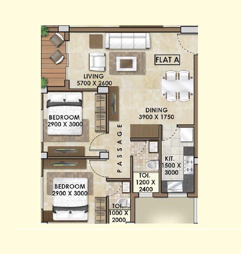Floor plan of 2 BHK 850 Sq. Ft. Apartment in JG Golden Heights, Kolkata