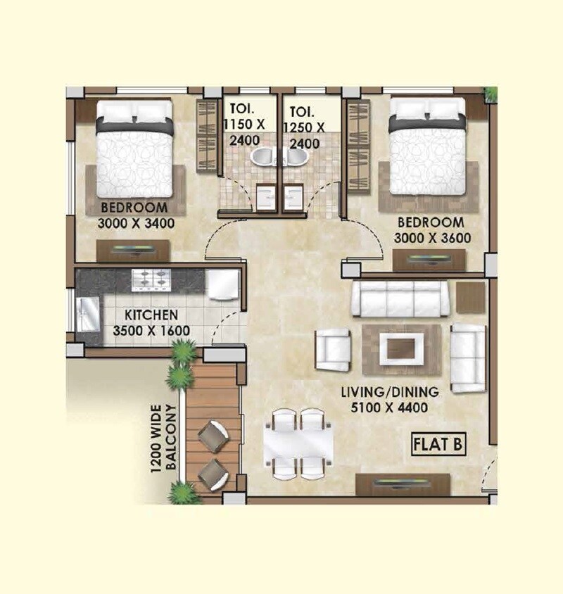 2 BHK 955 Sq. Ft. Apartment