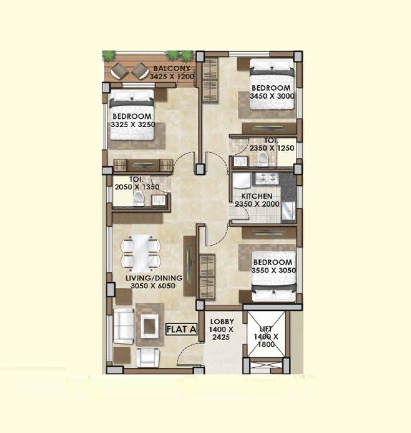 Floor plan of 3 BHK 1082 Sq. Ft. Apartment in JG Golden Heights, Kolkata