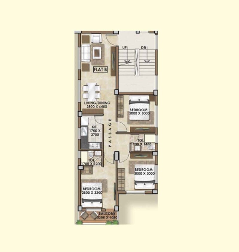 Floor plan of 3 BHK 1190 Sq. Ft. Apartment in JG Golden Heights, Kolkata