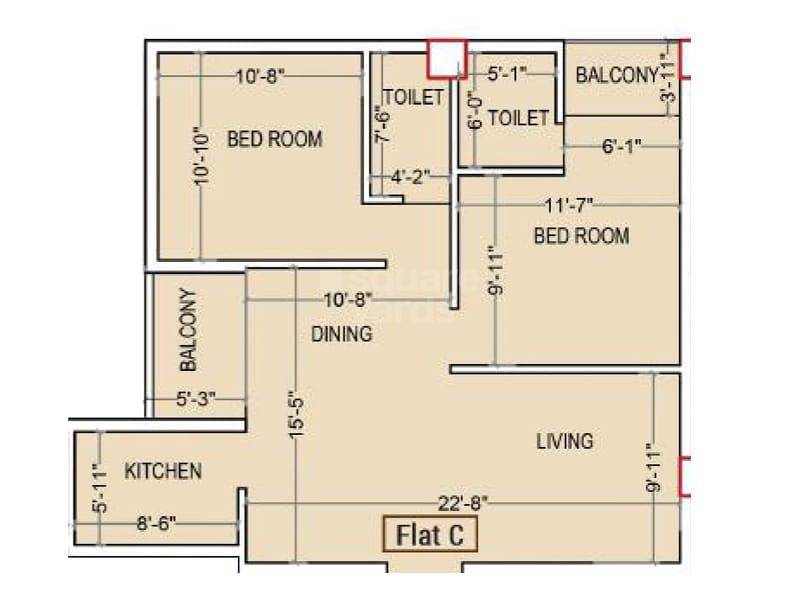 Floor plan of 2 BHK 1147 Sq. Ft. Apartment in JMC Broadway, Kolkata