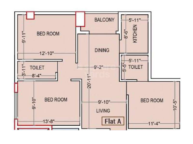 Floor plan of 3 BHK 1253 Sq. Ft. Apartment in JMC Broadway, Kolkata