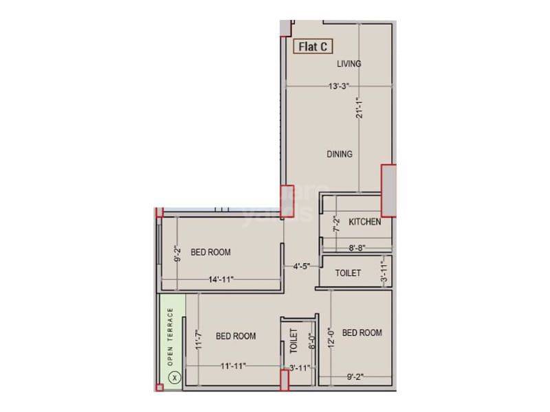 Floor plan of 3 BHK 1792 Sq. Ft. Apartment in JMC Broadway, Kolkata