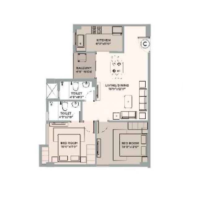 Floor plan of 2 BHK 1025 Sq. Ft. Apartment in Kalim Zeus, Kolkata