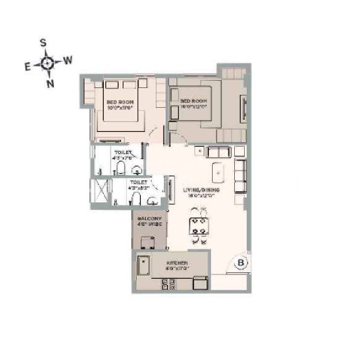 Floor plan of 2 BHK 1037 Sq. Ft. Apartment in Kalim Zeus, Kolkata