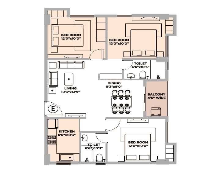 Floor plan of 3 BHK 1302 Sq. Ft. Apartment in Kalim Zeus, Kolkata
