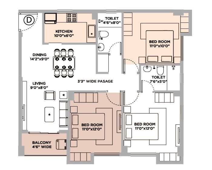 Floor plan of 3 BHK 1316 Sq. Ft. Apartment in Kalim Zeus, Kolkata