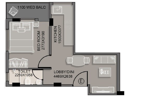 Floor plan of 1 BHK 506 Sq. Ft. Apartment in Kappa White House, Kolkata