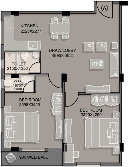 Floor plan of 2 BHK 1036 Sq. Ft. Apartment in Kappa White House, Kolkata
