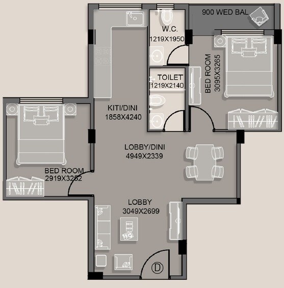 Floor plan of 2 BHK 894 Sq. Ft. Apartment in Kappa White House, Kolkata