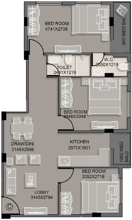 Floor plan of 3 BHK 1182 Sq. Ft. Apartment in Kappa White House, Kolkata