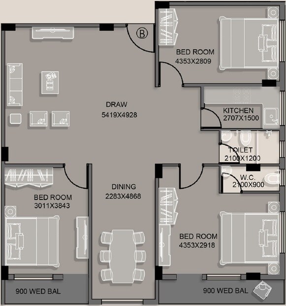 Floor plan of 3 BHK 1546 Sq. Ft. Apartment in Kappa White House, Kolkata