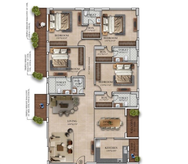 Floor plan of 4 BHK Apartment - 2153 sq. ft. in KIC Aksharam, Kolkata