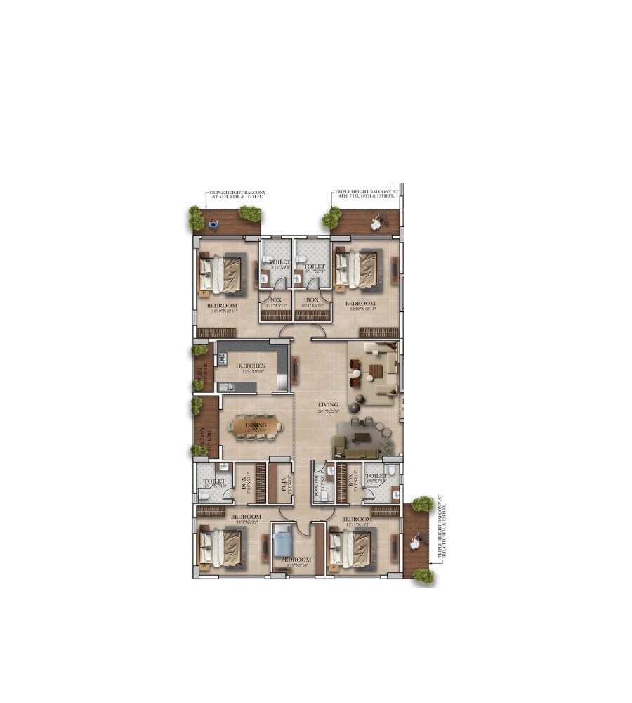 Floor plan of 5 BHK Apartment - 2407 sq. ft. in KIC Aksharam, Kolkata
