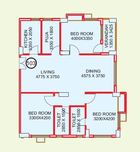Floor plan of 3 BHK 1349 Sq. Ft. Apartment in Koley Convent Garden, Kolkata