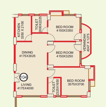 Floor plan of 3 BHK 1665 Sq. Ft. Apartment in Koley Convent Garden, Kolkata