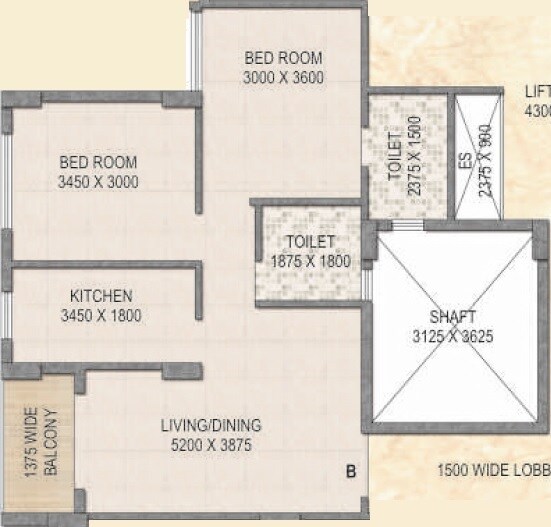 Floor plan of 2 BHK 1071 Sq. Ft. Apartment in Kosmic The Amazonia, Kolkata