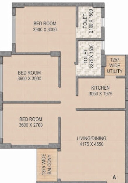 Floor plan of 3 BHK 1317 Sq. Ft. Apartment in Kosmic The Amazonia, Kolkata