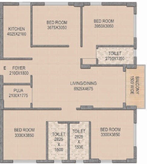 Floor plan of 4 BHK 1994 Sq. Ft. Apartment in Kosmic The Amazonia, Kolkata
