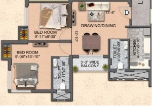 Floor plan of 2 BHK 838 Sq. Ft. Apartment in KS Balaji, Kolkata